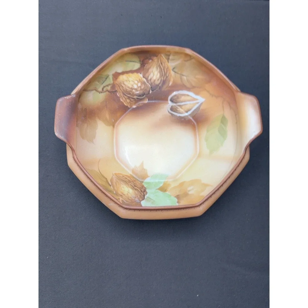 Antique Nippon Morimura Hand Painted Walnut Nut Bowl Handles Japan Porcelain